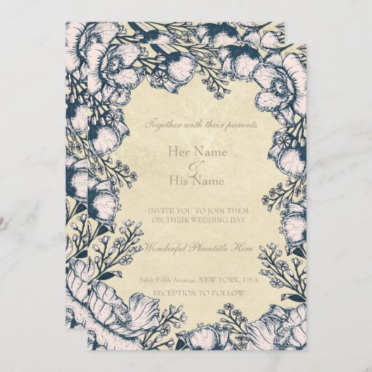 素朴ヴィンテージ花フローラ結婚式招待状 招待状 (正面/裏面)