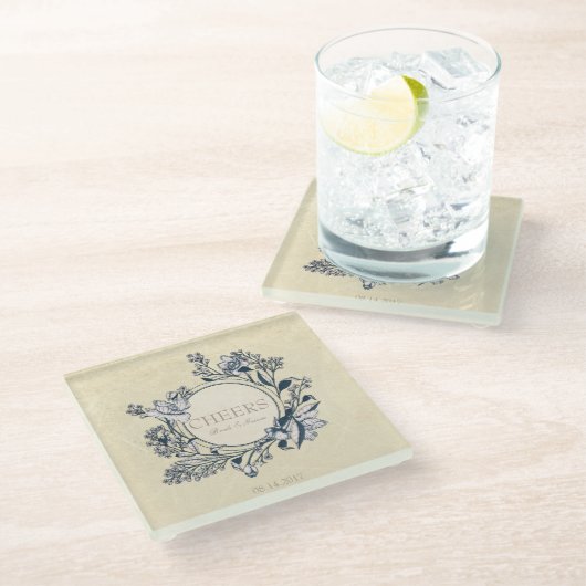 素朴ヴィンテージ花フローラ結婚応援 ガラスコースター (アングル)