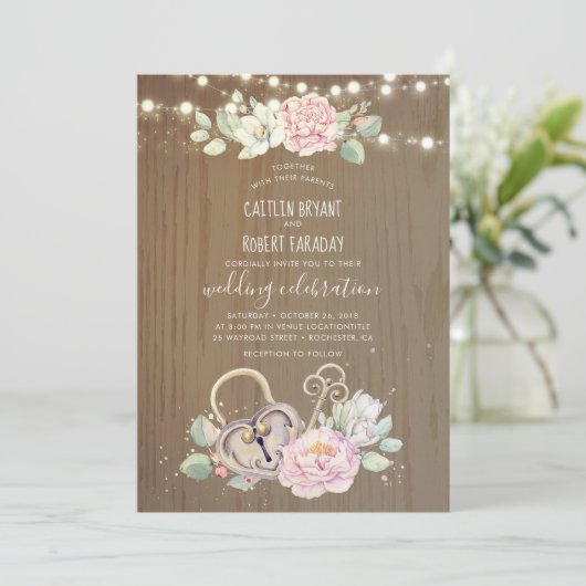 素朴ヴィンテージ鍵とロ結婚ック 招待状 (スタンド正面)