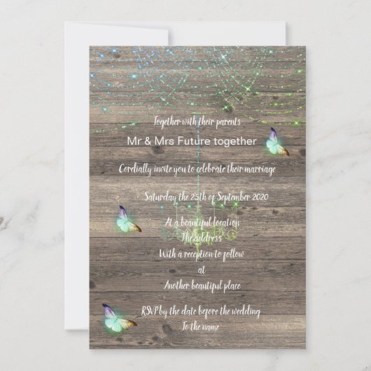 素朴ヴィンテージ青結婚蝶 招待状 (正面)