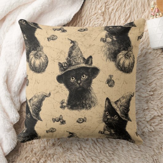 素朴ヴィンテージ黒猫ウィッチハロウィーンパターン クッション (ブランケット)