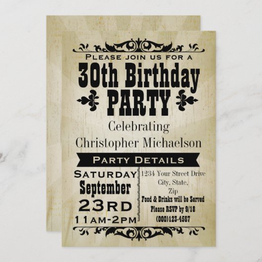 素朴ヴィンテージ30歳の誕生日パーティの招待状 招待状 (正面/裏面)