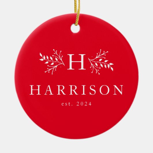 素朴休日モノグラム赤い新着写真 セラミックオーナメント (正面)