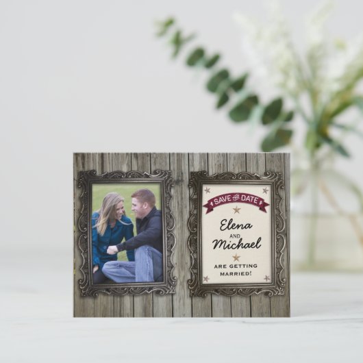 素朴写真フレームフォトウェディング日付を保存 案内ポストカード (スタンド正面)