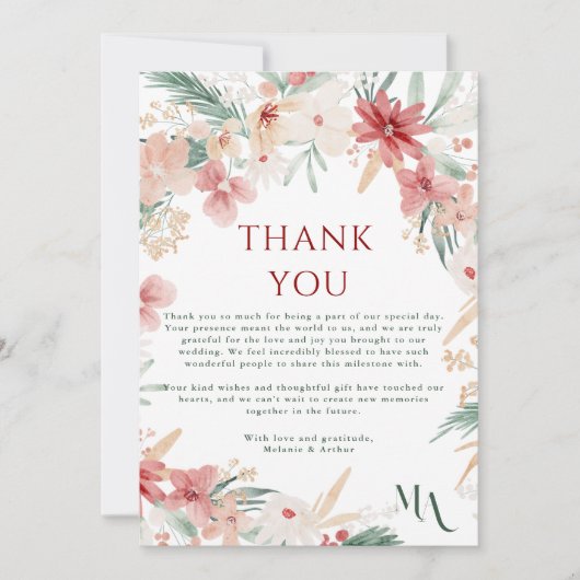 素朴冬のクリスマスフローラ結婚写真 サンキューカード (正面)