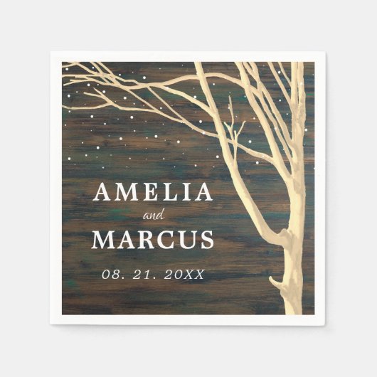 素朴冬の木ダーク結婚ウッド スタンダードカクテルナプキン (正面)