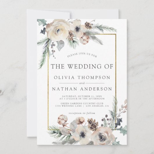 素朴冬の松フローラ金ゴールド結婚フレーム 招待状 (正面)