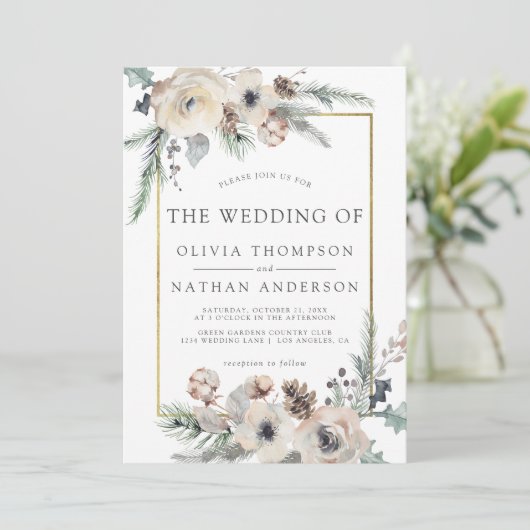 素朴冬の松フローラ金ゴールド結婚フレーム 招待状 (スタンド正面)