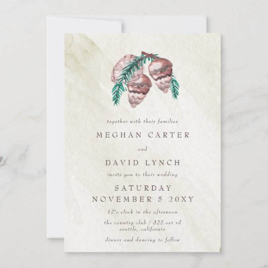 素朴冬の森の林の松の結婚コーン 招待状 (正面)