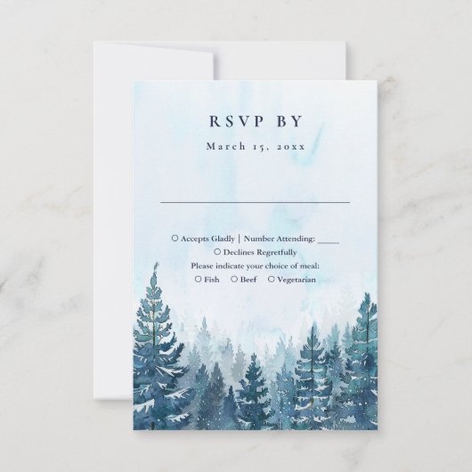 素朴冬の水の色の松の木の結婚森 出欠カード (正面)