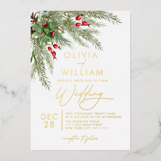 素朴冬の緑のクリスマス結婚の休日 箔招待状 (正面)