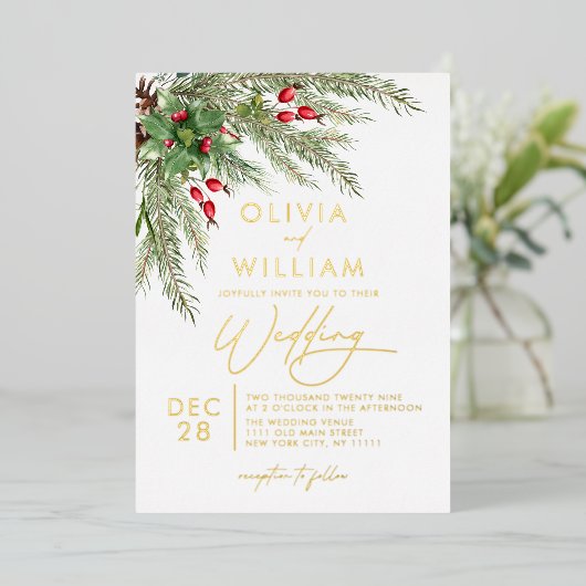 素朴冬の緑のクリスマス結婚の休日 箔招待状 (立ち正面)
