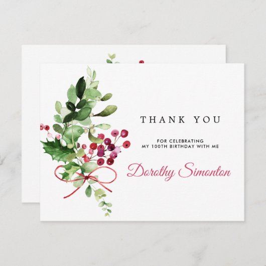 素朴冬の緑100誕生日 サンキューカード (正面/裏面)