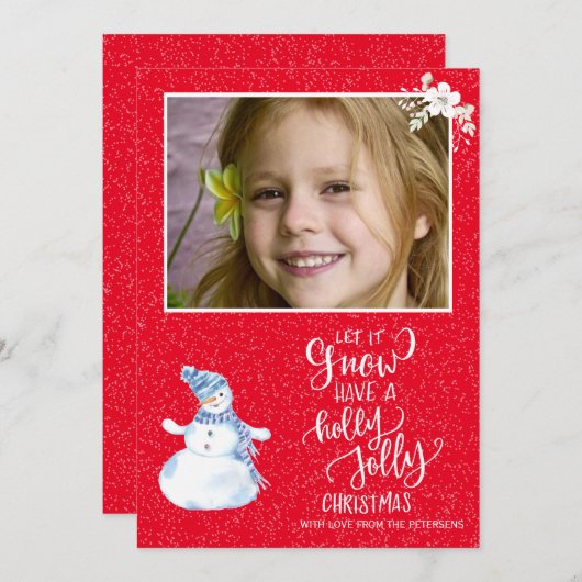 素朴冬の赤い白い黒板雪だるま写真 シーズンカード (正面/裏面)