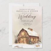 素朴冬の雪の納屋結婚 招待状 (正面)
