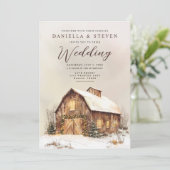 素朴冬の雪の納屋結婚 招待状 (スタンド正面)