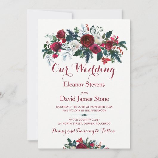 素朴冬ブルゴーニュ松の緑結婚フローラ 招待状 (正面)