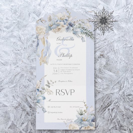 素朴冬霜の降りたブルー&ホワイトフローラNoディナー オールインワン招待状