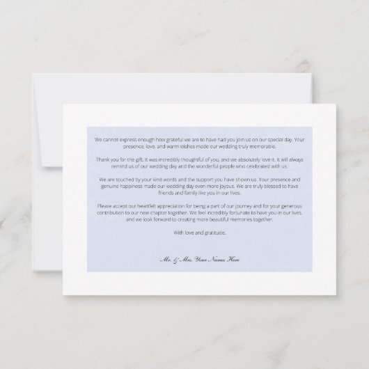 素朴冬霜の降りた青と白のフローラ結婚 サンキューカード (裏面)