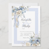 素朴冬霜の降りた青と白のフローラ結婚 招待状 (正面)