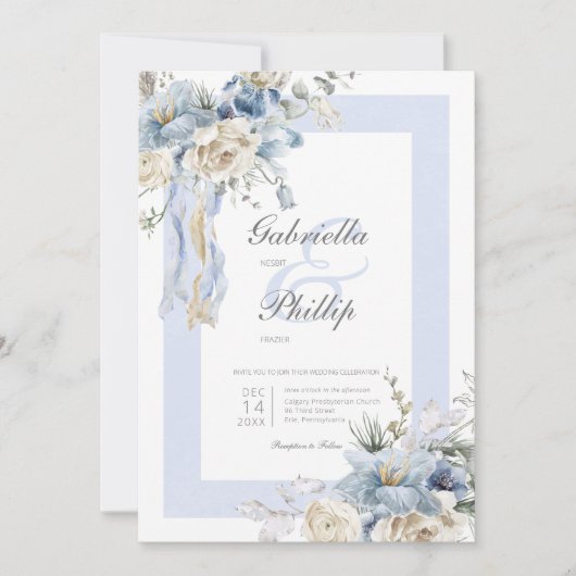 素朴冬霜の降りた青と白のフローラ結婚 招待状 (正面)