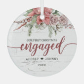 素朴初めてのクリスマス婚約したレッドピンクフローラ ガラスオーナメント (正面)