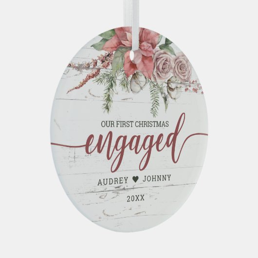 素朴初めてのクリスマス婚約したレッドピンクフローラ ガラスオーナメント (正面右)