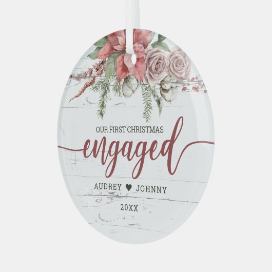 素朴初めてのクリスマス婚約したレッドピンクフローラ ガラスオーナメント (正面左)
