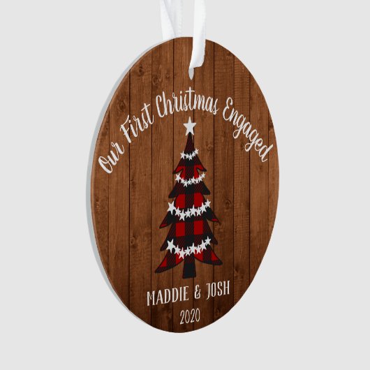 素朴初めてのクリスマス婚約した写真とプレイド オーナメント (正面)
