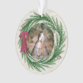 素朴初めてのクリスマス婚約した2枚の写真クリスマス オーナメント (正面)