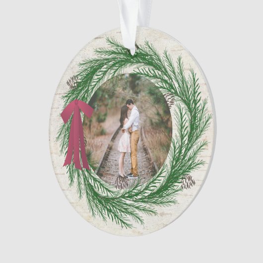 素朴初めてのクリスマス婚約した2枚の写真クリスマス オーナメント (正面)