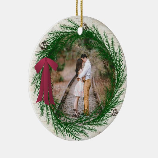 素朴初めてのクリスマス婚約した2枚の写真クリスマス セラミックオーナメント (右)