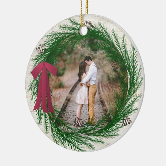 素朴初めてのクリスマス婚約した2枚の写真クリスマス セラミックオーナメント (左)