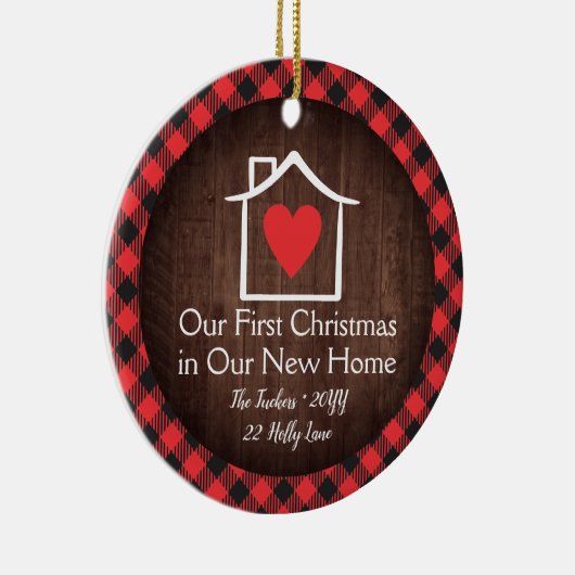 素朴初めてのクリスマス新しいホームハート格子写真 セラミックオーナメント (右)