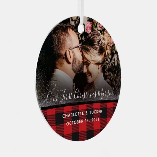 素朴初めてのクリスマス結婚したPlaid 2写真 メタルオーナメント (正面右)
