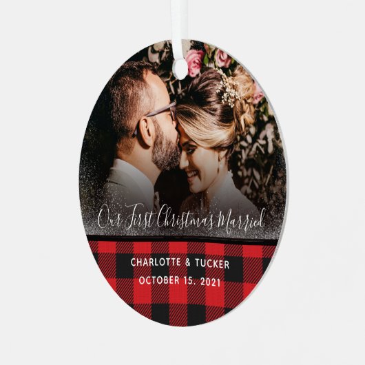 素朴初めてのクリスマス結婚したPlaid 2写真 メタルオーナメント (正面左)
