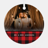 素朴初めてのクリスマス結婚したPlaid 2写真 メタルオーナメント (裏面)