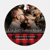素朴初めてのクリスマス結婚したPlaid 2写真 メタルオーナメント (正面)