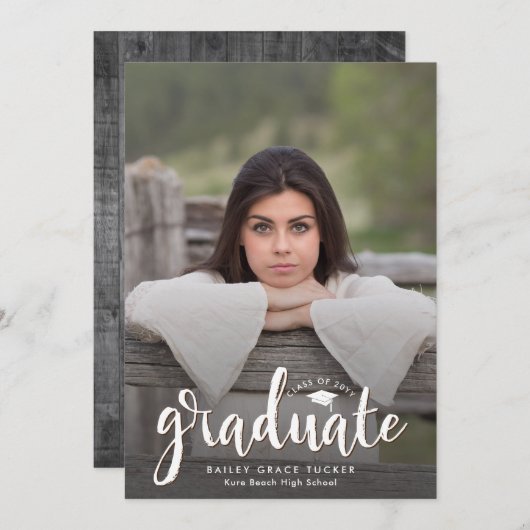 素朴卒業生オーバーレイ灰色木写真卒業 案内状 (正面/裏面)