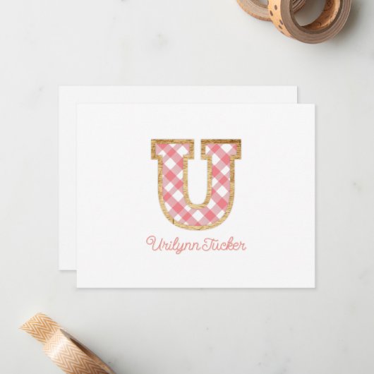 素朴名門私立校風のモノグラム「U」ピンクジンガムガーリー材 ノートカード (正面/裏面インサイチュ)