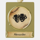 素朴喜劇と悲劇の演劇デザイン名 ゴールドプレートバナーオーナメント (正面)