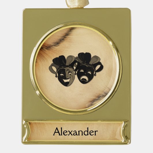 素朴喜劇と悲劇の演劇デザイン名 ゴールドプレートバナーオーナメント (正面)