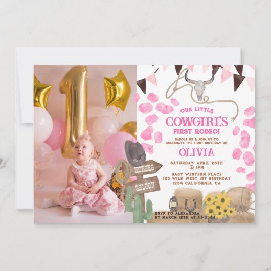 素朴女性のカーボーイウェスタン写真最初のロデオ誕生日 招待状 (正面)