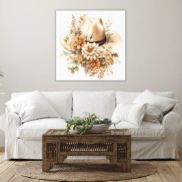 素朴女性のカーボーイハットワイルドフラワーエレガントズウェスタンアート キャンバスプリント