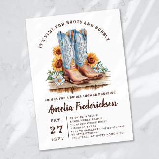 素朴女性のカーボーイブーツと泡状ブライダルシャワー 招待状