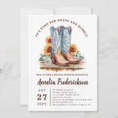 素朴女性のカーボーイブーツと泡状ブライダルシャワー 招待状 (正面)