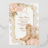 素朴女性のカーボーイブーツフローラベビーシャワー 箔招待状 (正面)