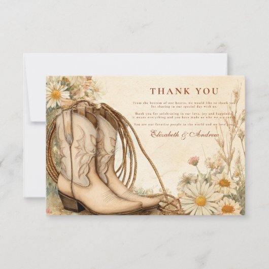 素朴女性のカーボーイブーツワイルドフラワー結婚ズ サンキューカード (正面)