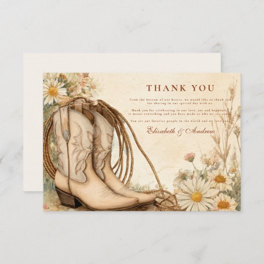素朴女性のカーボーイブーツワイルドフラワー結婚ズ サンキューカード (正面/裏面)