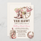 素朴女性のカーボーイブートフローラウェスタンブライダルシャワー 招待状 (正面/裏面)